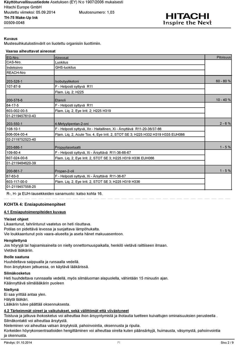 01-2119484620-9 Isobutyyliketoni F - Helposti syttyvä R11 Flam. Liq. 2; H225 Etanoli F - Helposti syttyvä R11 Flam. Liq. 2, Eye Irrit.