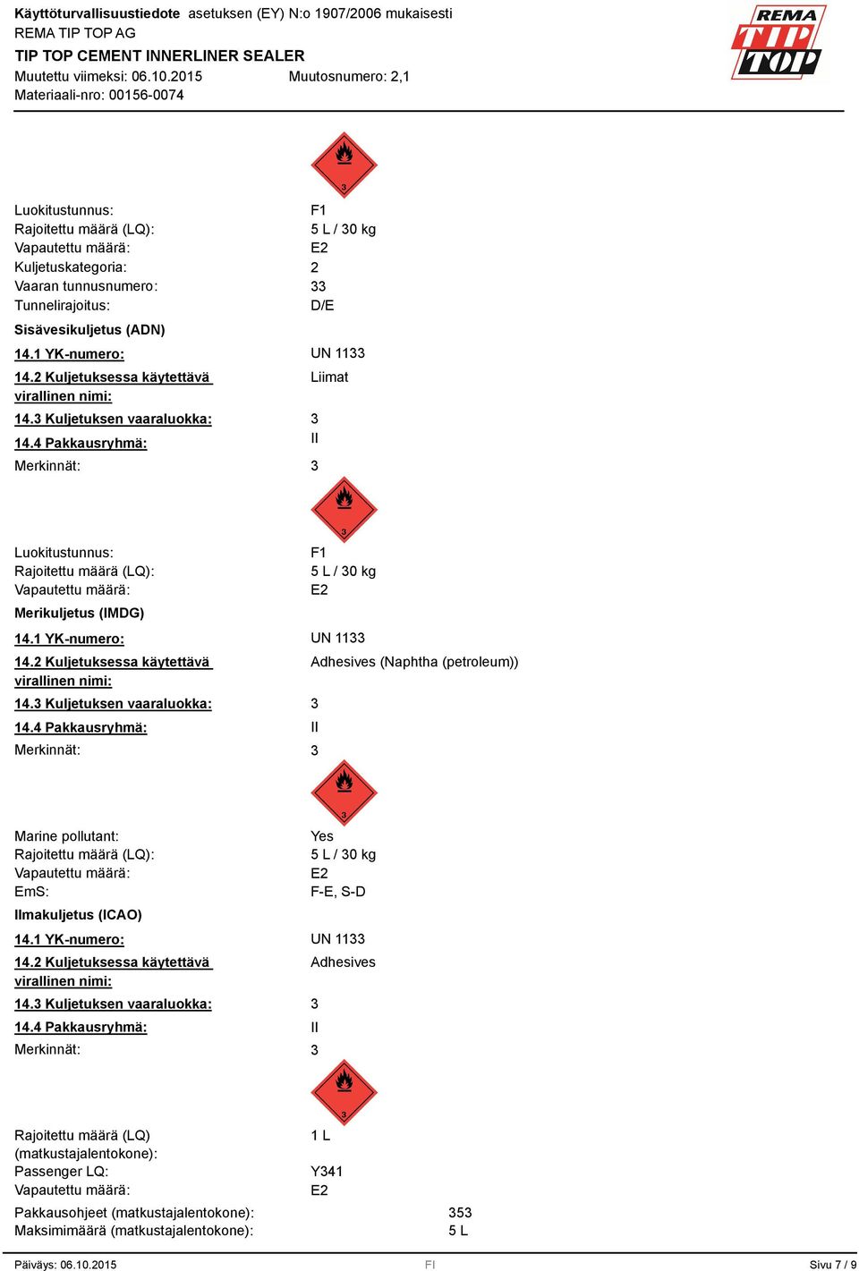 4 Pakkausryhmä: II Merkinnät: Liimat Luokitustunnus: Rajoitettu määrä (LQ): Vapautettu määrä: Merikuljetus (IMDG) F1 5 L / 0 kg E2 14.1 YK-numero: UN 11 14.