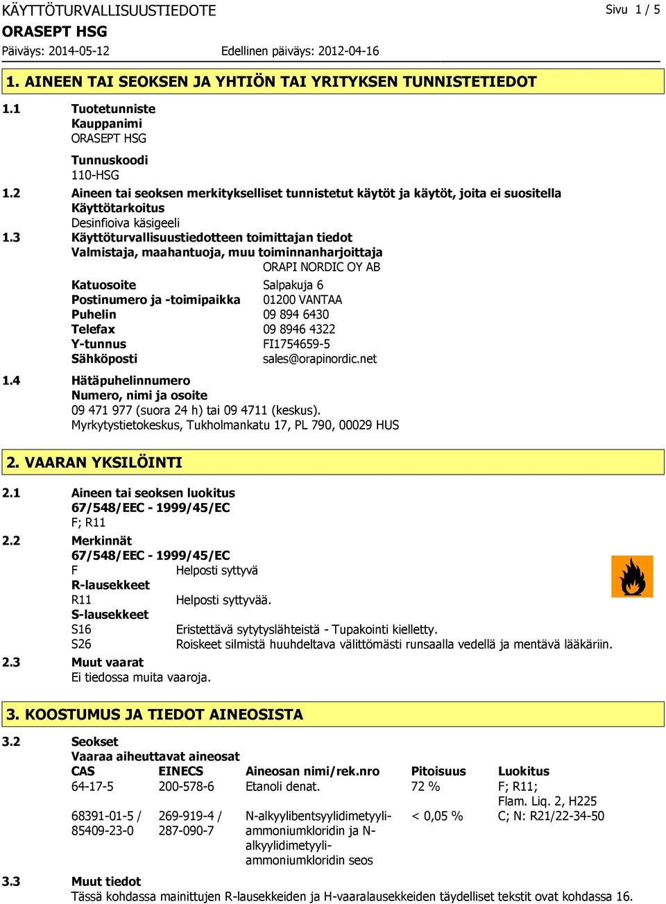 3 Käyttöturvallisuustiedotteen toimittajan tiedot Valmistaja, maahantuoja, muu toiminnanharjoittaja ORAPI NORDIC OY AB Katuosoite Salpakuja 6 Postinumero ja -toimipaikka 01200 VANTAA Puhelin 09 894