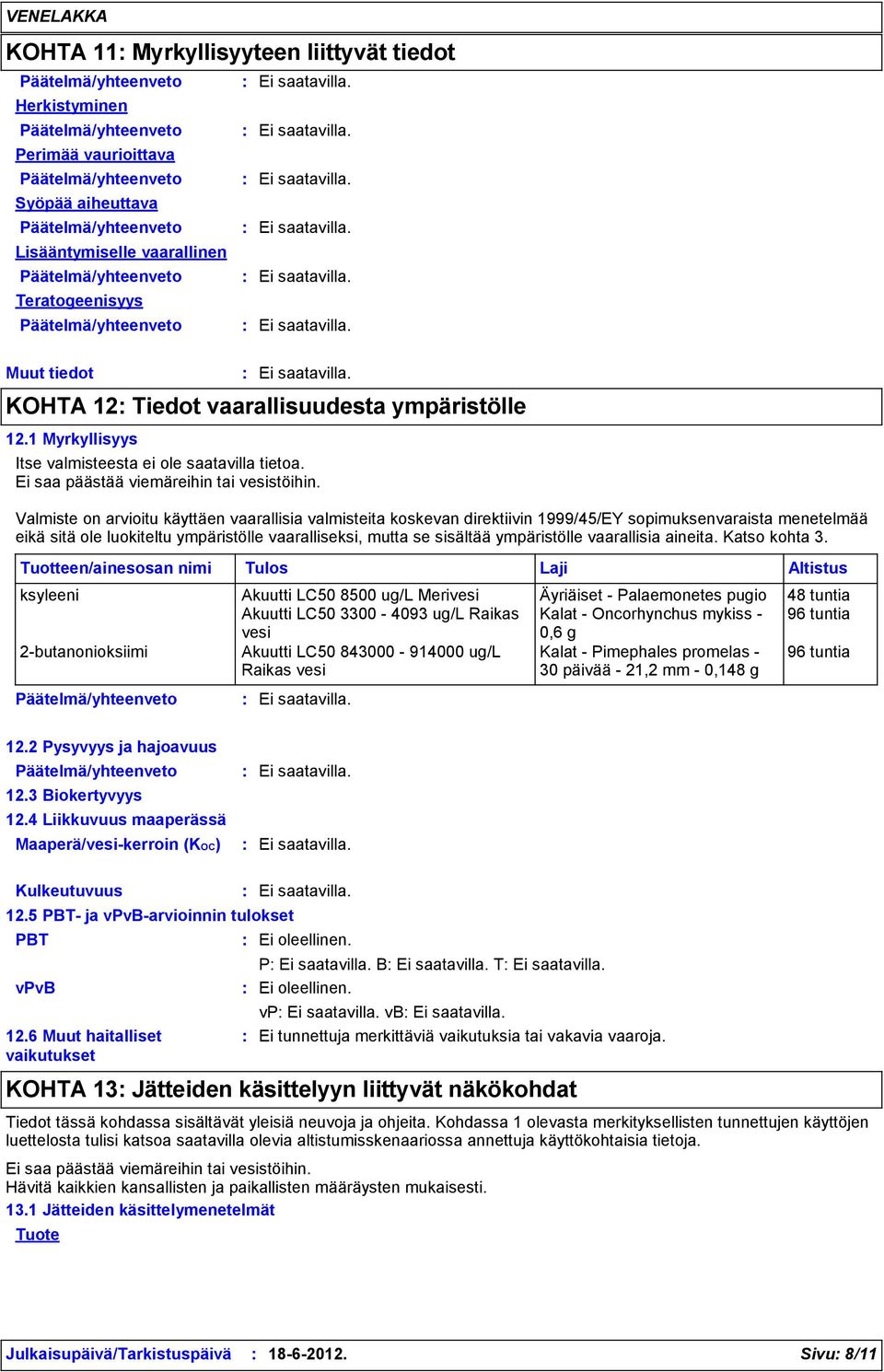 Valmiste on arvioitu käyttäen vaarallisia valmisteita koskevan direktiivin 1999/45/EY sopimuksenvaraista menetelmää eikä sitä ole luokiteltu ympäristölle vaaralliseksi, mutta se sisältää ympäristölle