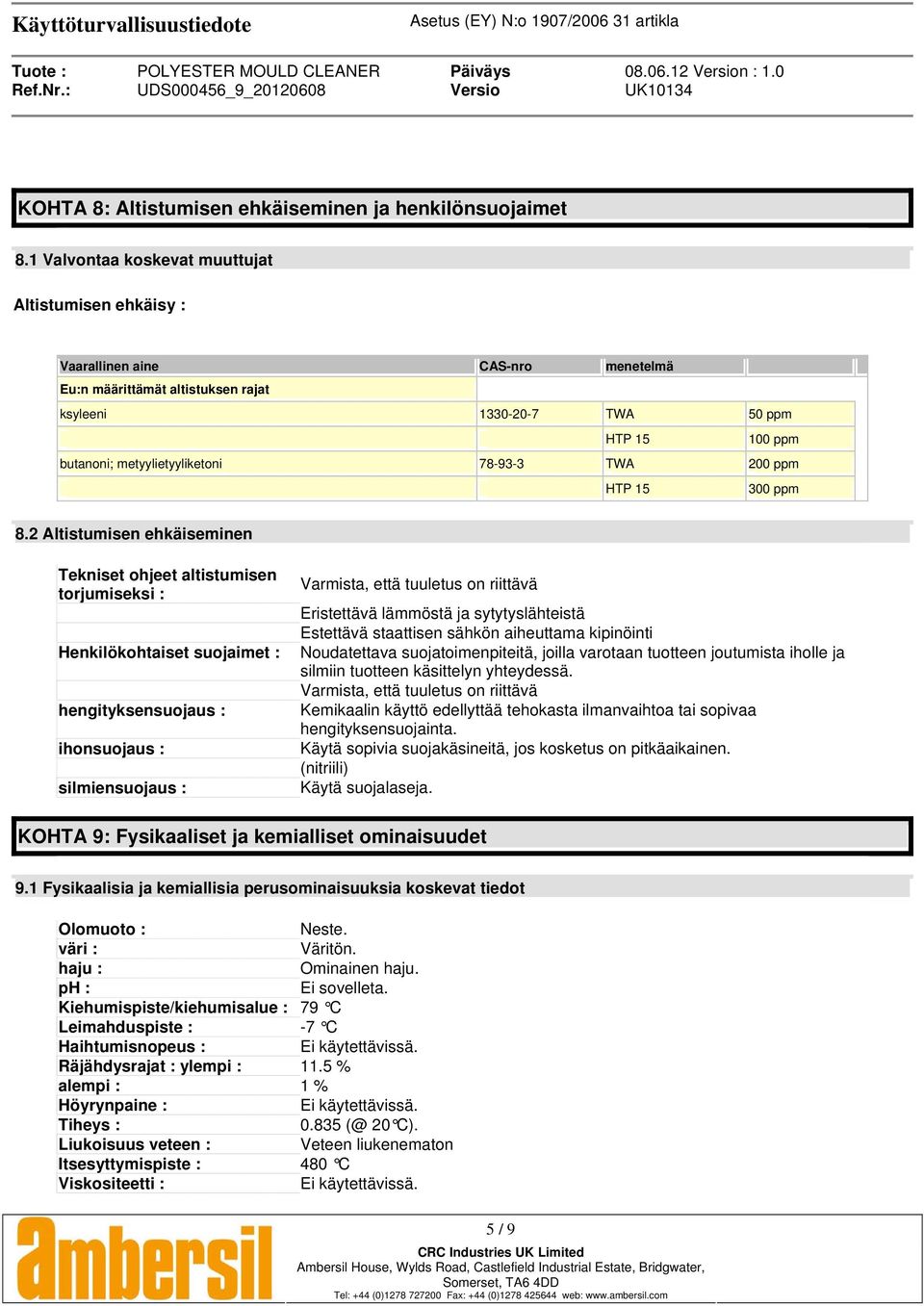 78-93-3 TWA 200 ppm HTP 15 300 ppm 8.