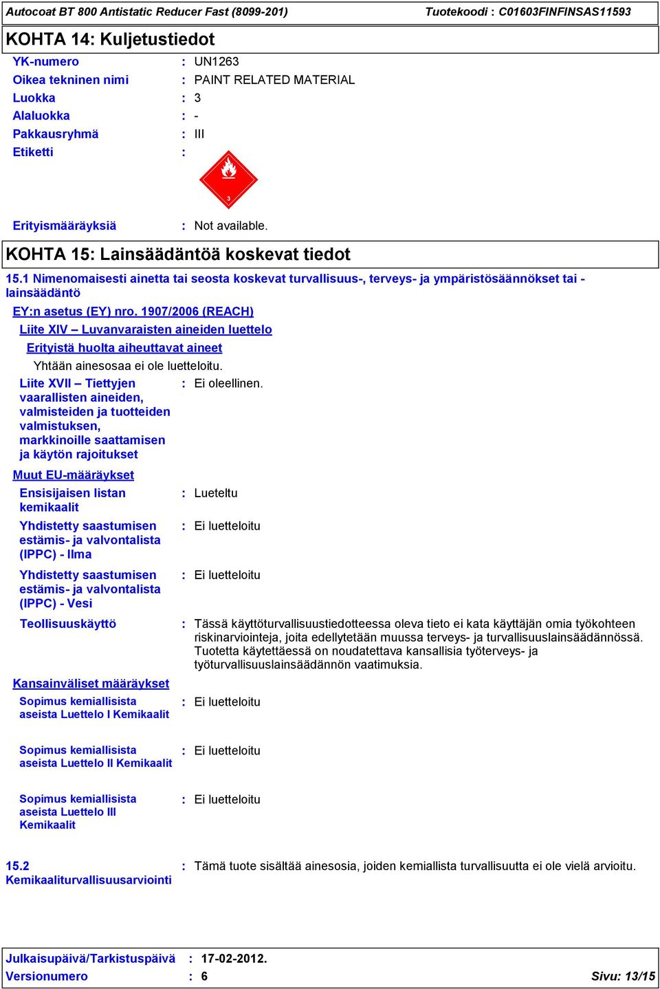 1907/2006 (REACH) Liite XIV Luvanvaraisten aineiden luettelo Erityistä huolta aiheuttavat aineet Yhtään ainesosaa ei ole luetteloitu.