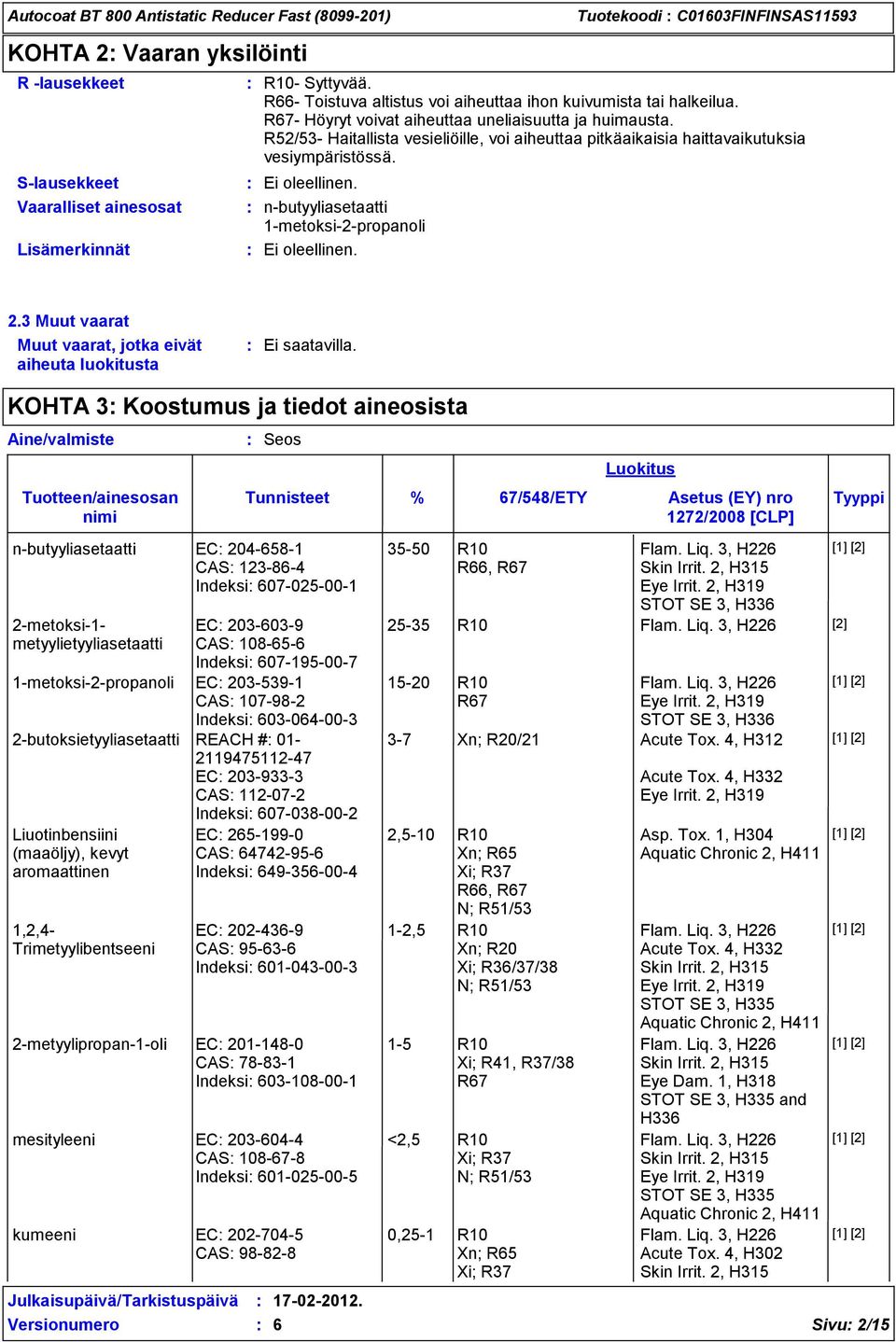 R52/53- Haitallista vesieliöille, voi aiheuttaa pitkäaikaisia haittavaikutuksia vesiympäristössä. n-butyyliasetaatti 1-metoksi-2-propanoli Ei oleellinen. 2.