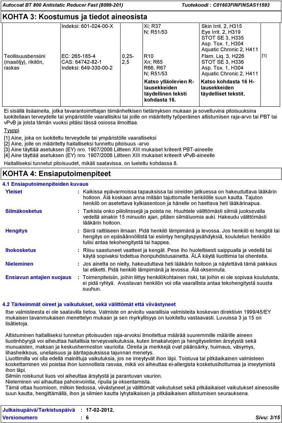 Tuotekoodi C01603FINFINSAS11593 STOT SE 3, H335 Asp. Tox. 1, H304 Aquatic Chronic 2, H411 STOT SE 3, H336 Asp. Tox. 1, H304 Aquatic Chronic 2, H411 Katso kohdasta 16 H- lausekkeiden täydelliset tekstit.