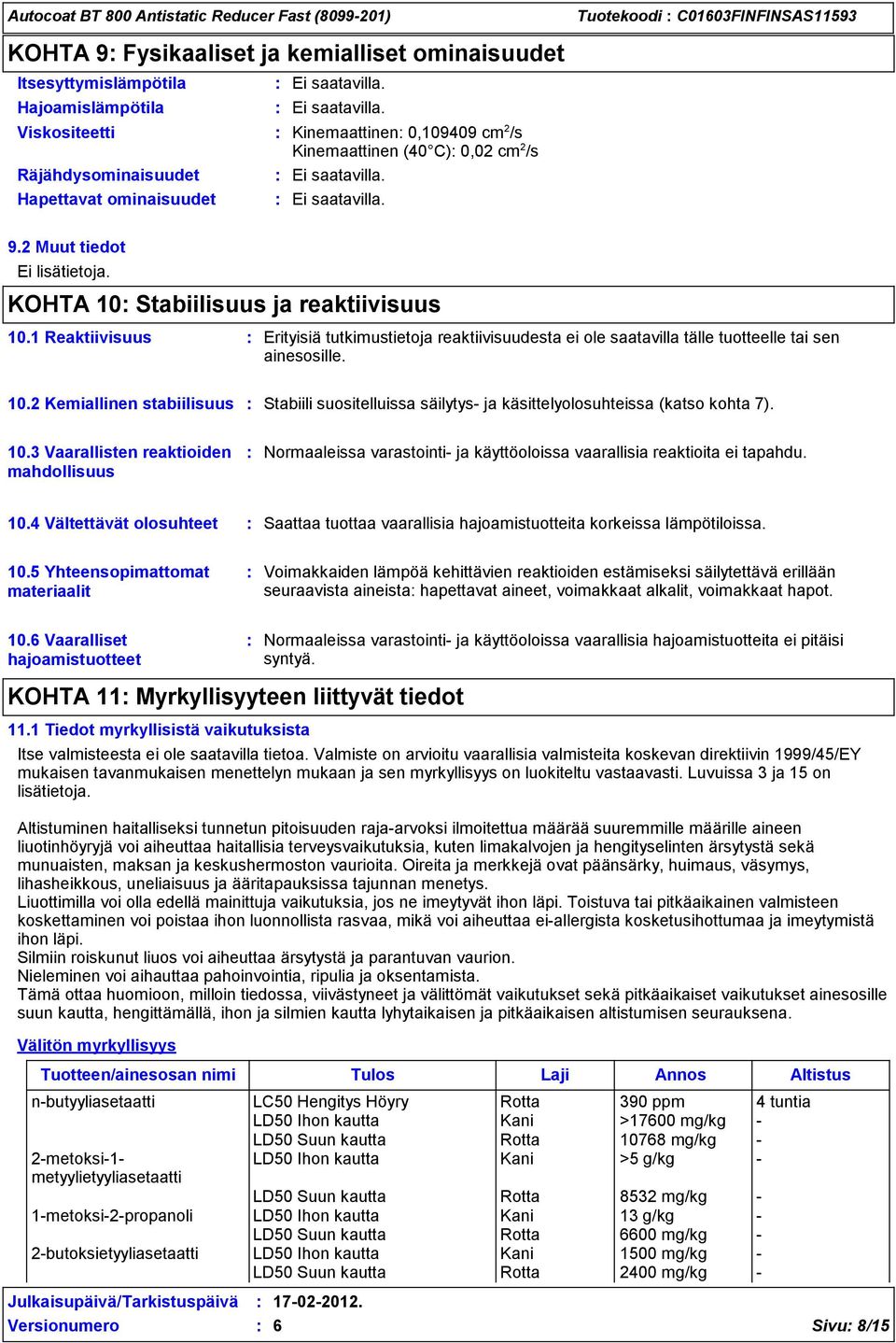 1 Reaktiivisuus Erityisiä tutkimustietoja reaktiivisuudesta ei ole saatavilla tälle tuotteelle tai sen ainesosille. 10.