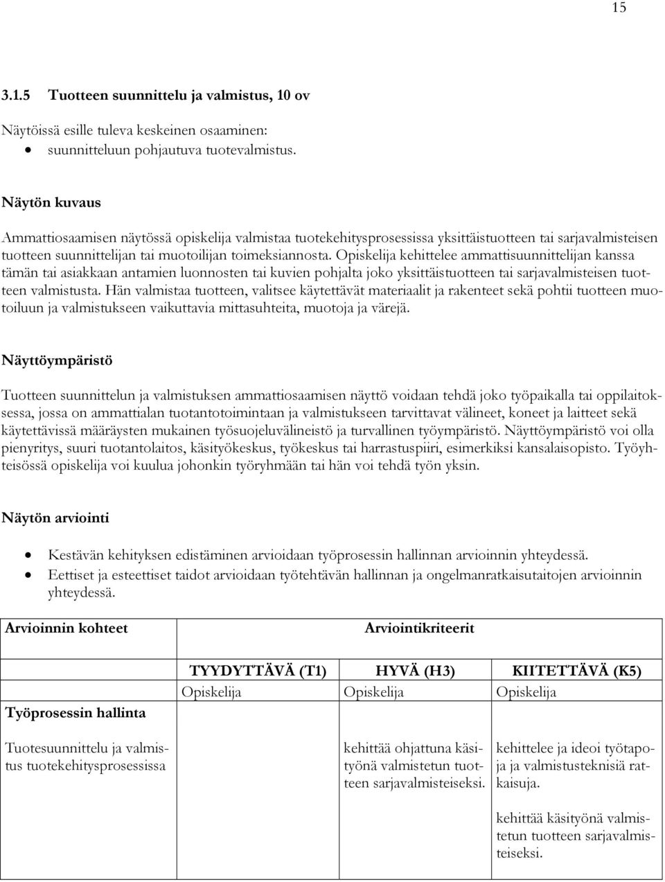 Opiskelija kehittelee ammattisuunnittelijan kanssa tämän tai asiakkaan antamien luonnosten tai kuvien pohjalta joko yksittäistuotteen tai sarjavalmisteisen tuotteen valmistusta.