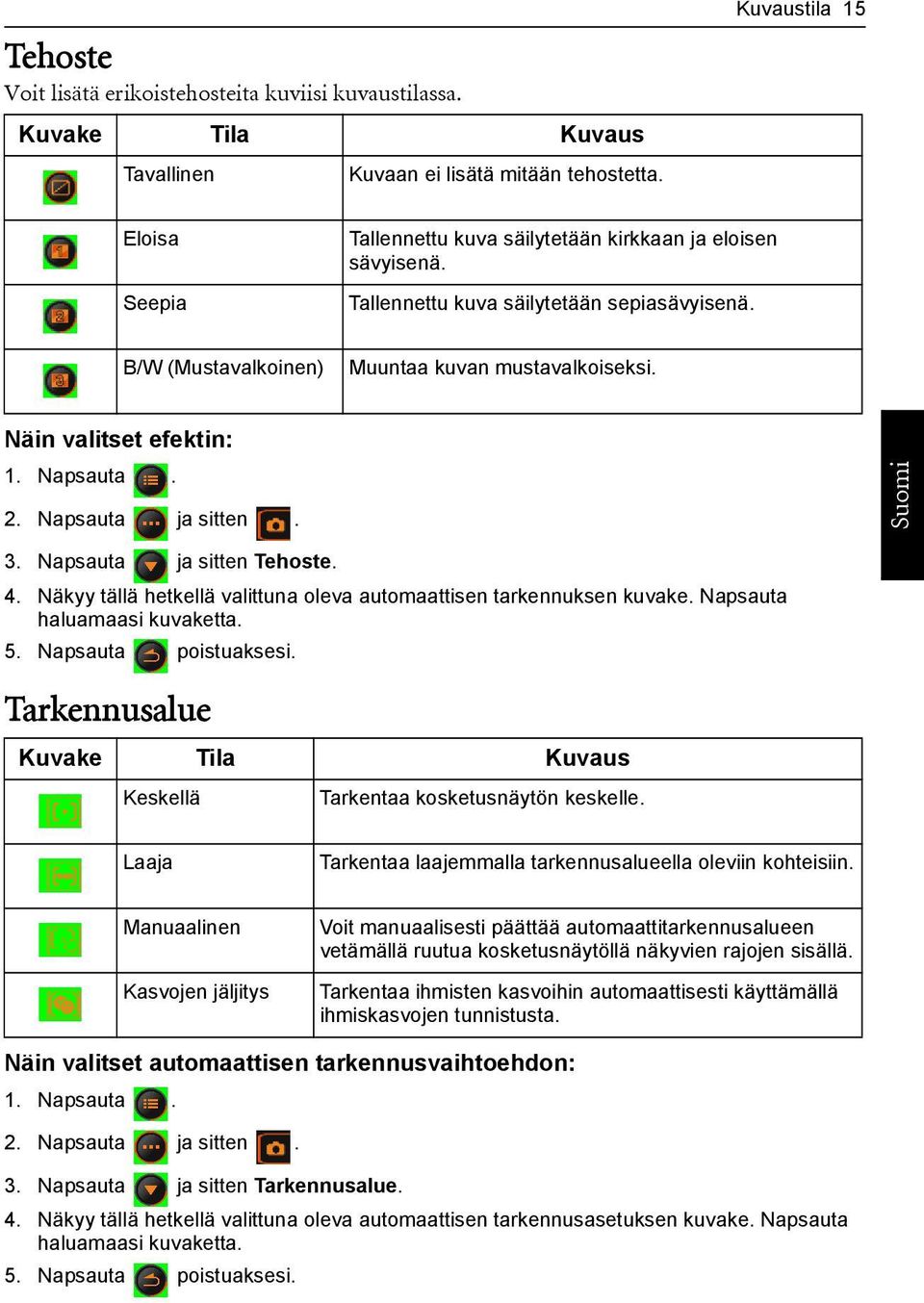 Näin valitset efektin: 1. Napsauta. 2. Napsauta ja sitten. 3. Napsauta ja sitten Tehoste. 4. Näkyy tällä hetkellä valittuna oleva automaattisen tarkennuksen kuvake. Napsauta haluamaasi kuvaketta. 5.