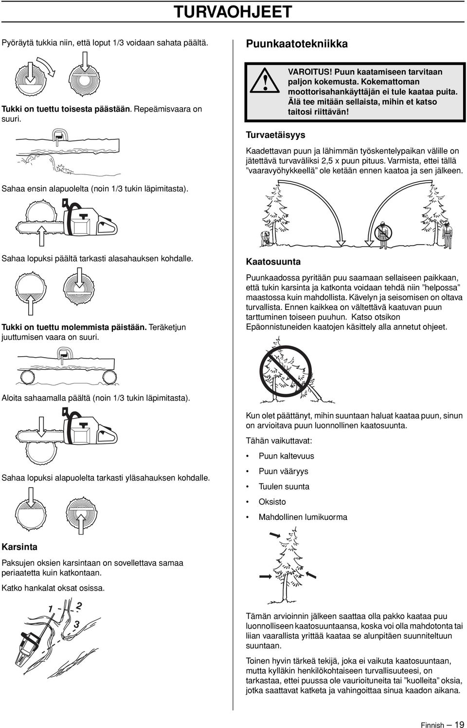 Älä tee mitään sellaista, mihin et katso taitosi riittävän Kaadettavan puun ja lähimmän työskentelypaikan välille on jätettävä turvaväliksi 2,5 x puun pituus.