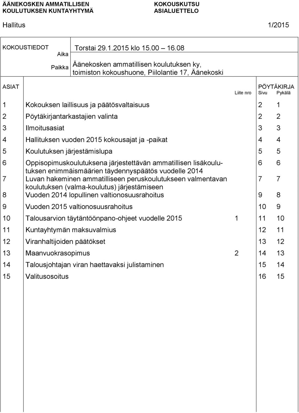 Ilmoitusasiat 3 3 4 Hallituksen vuoden 2015 kokousajat ja -paikat 4 4 5 Koulutuksen järjestämislupa 5 5 6 Oppisopimuskoulutuksena järjestettävän ammatillisen lisäkoulutuksen 6 6 enimmäismäärien