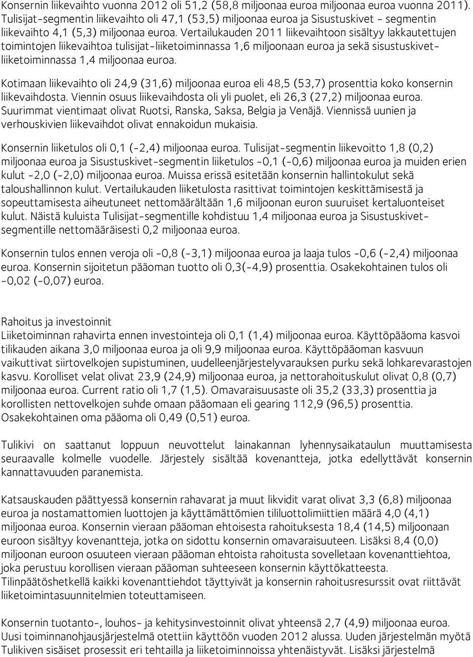 Vertailukauden 2011 liikevaihtoon sisältyy lakkautettujen toimintojen liikevaihtoa tulisijat-liiketoiminnassa 1,6 miljoonaan euroa ja sekä sisustuskivetliiketoiminnassa 1,4 miljoonaa euroa.