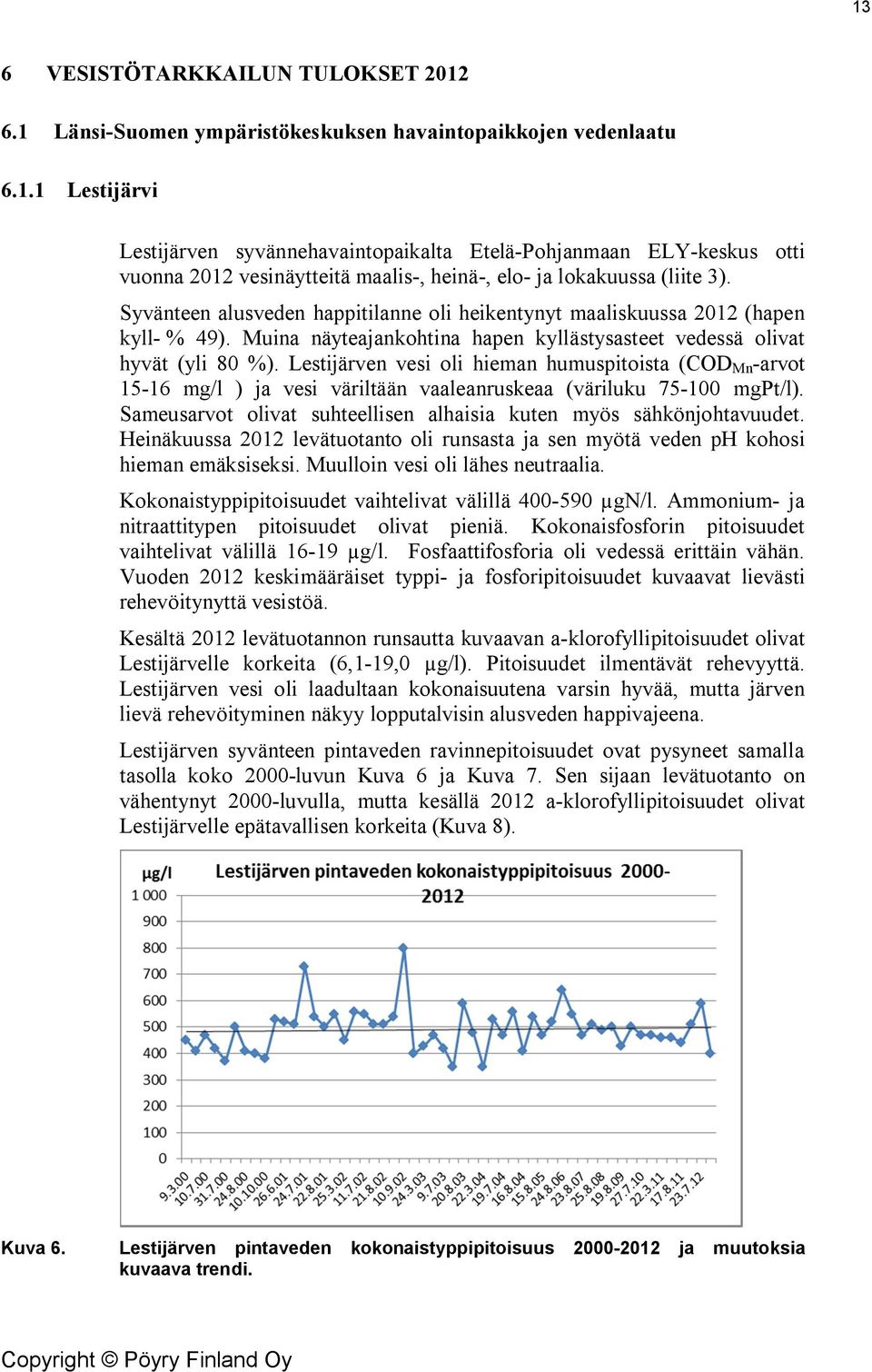 Lestijärven vesi oli hieman humuspitoista (COD Mn -arvot 15-16 mg/l ) ja vesi väriltään vaaleanruskeaa (väriluku 75-100 mgpt/l). Sameusarvot olivat suhteellisen alhaisia kuten myös sähkönjohtavuudet.