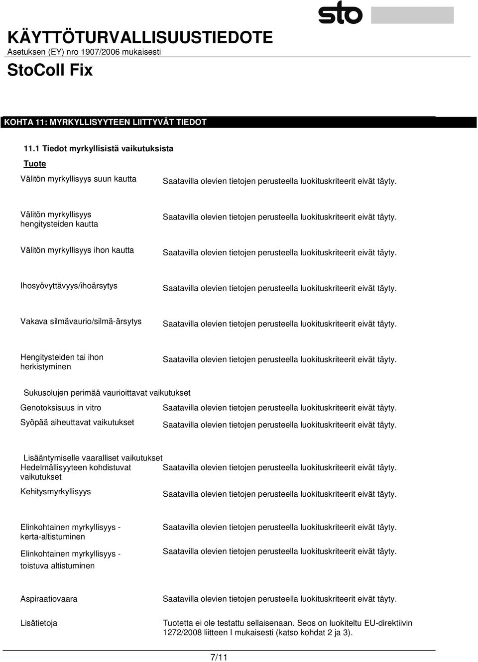 silmävaurio/silmä-ärsytys Hengitysteiden tai ihon herkistyminen Sukusolujen perimää vaurioittavat vaikutukset Genotoksisuus in vitro Syöpää aiheuttavat vaikutukset Lisääntymiselle