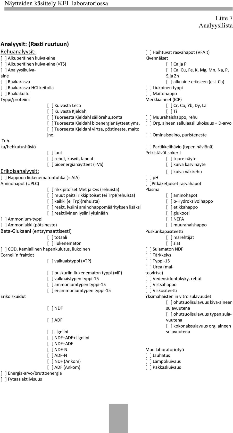 Ca) [ ] Raakarasva HCl-keitolla [ ] Liukoinen typpi [ ] Raakakuitu [ ] Maitohappo Tuhka/hehkutushäviö Erikoisanalyysit: Merkkiaineet (ICP) [ ] Kuivasta Leco [ ] Cr, Co, Yb, Dy, La [ ] Kuivasta