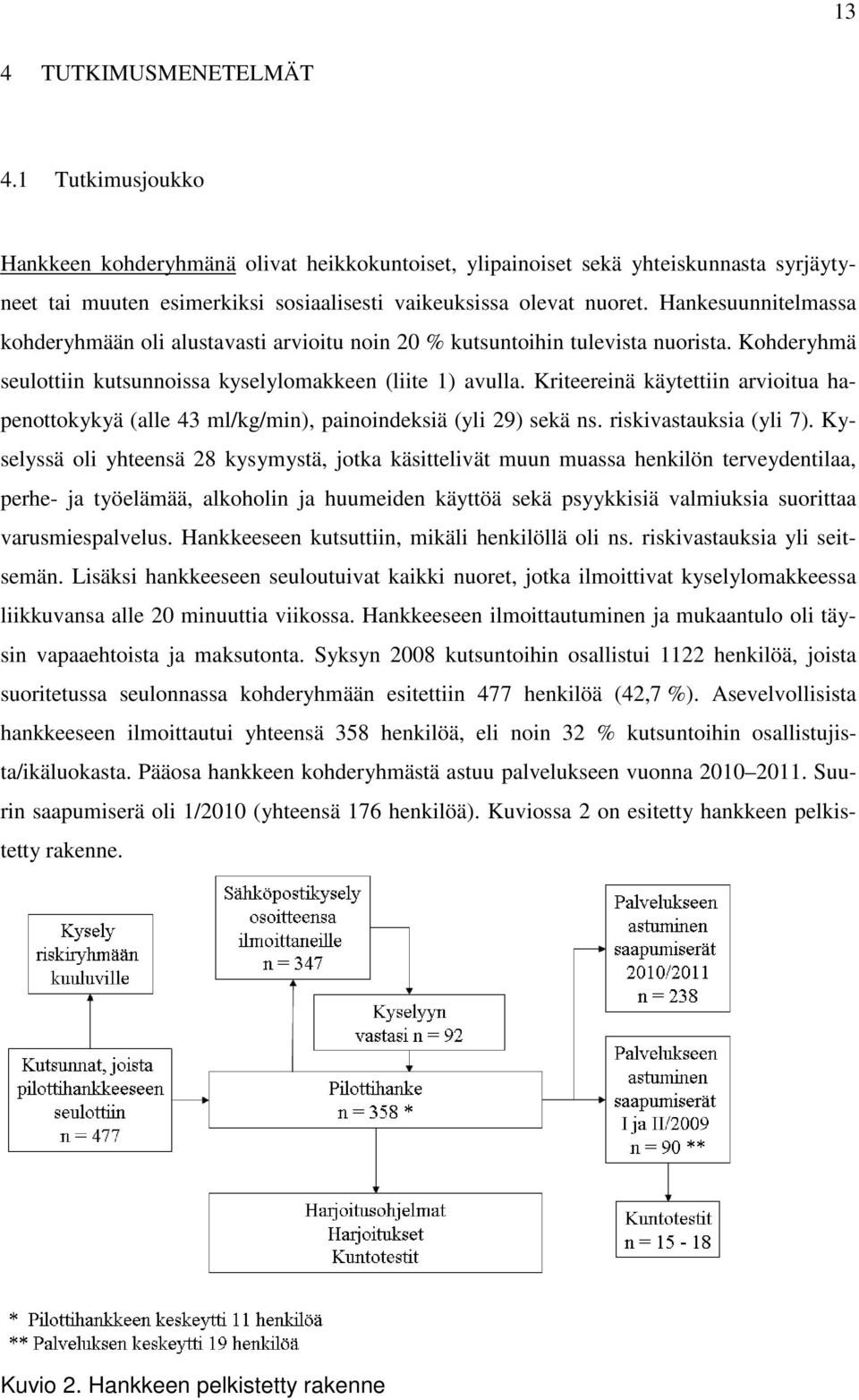 Kriteereinä käytettiin arvioitua hapenottokykyä (alle 43 ml/kg/min), painoindeksiä (yli 29) sekä ns. riskivastauksia (yli 7).