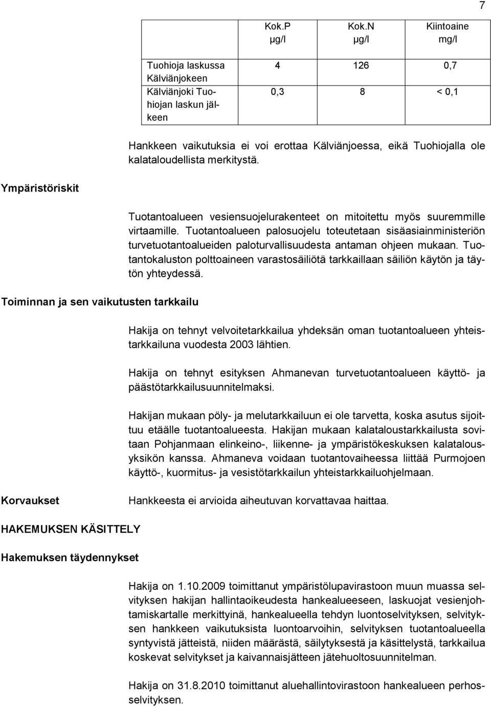 kalataloudellista merkitystä. Ympäristöriskit Toiminnan ja sen vaikutusten tarkkailu Tuotantoalueen vesiensuojelurakenteet on mitoitettu myös suuremmille virtaamille.