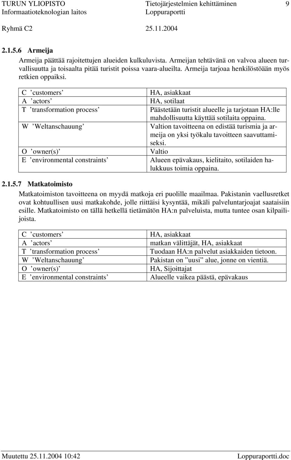C customers A actors T transformation process W Weltanschauung O owner(s) E environmental constraints HA, asiakkaat HA, sotilaat Päästetään turistit alueelle ja tarjotaan HA:lle mahdollisuutta
