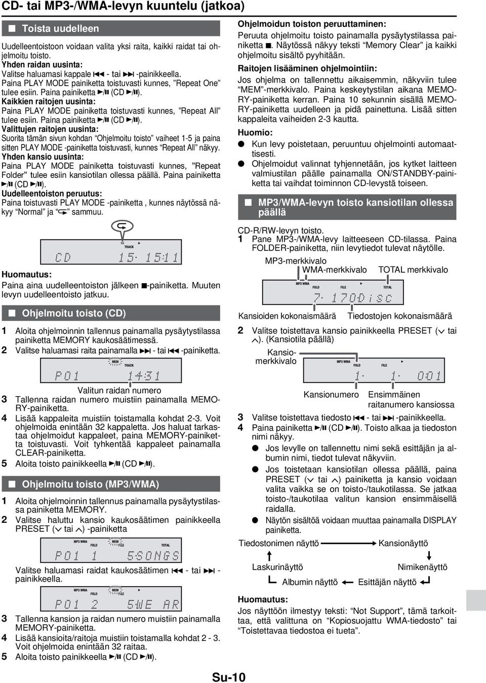 Kaikkien raitojen uusinta: Paina PLAY MODE painiketta toistuvasti kunnes, Repeat All tulee esiin. Paina painiketta / (CD / ).