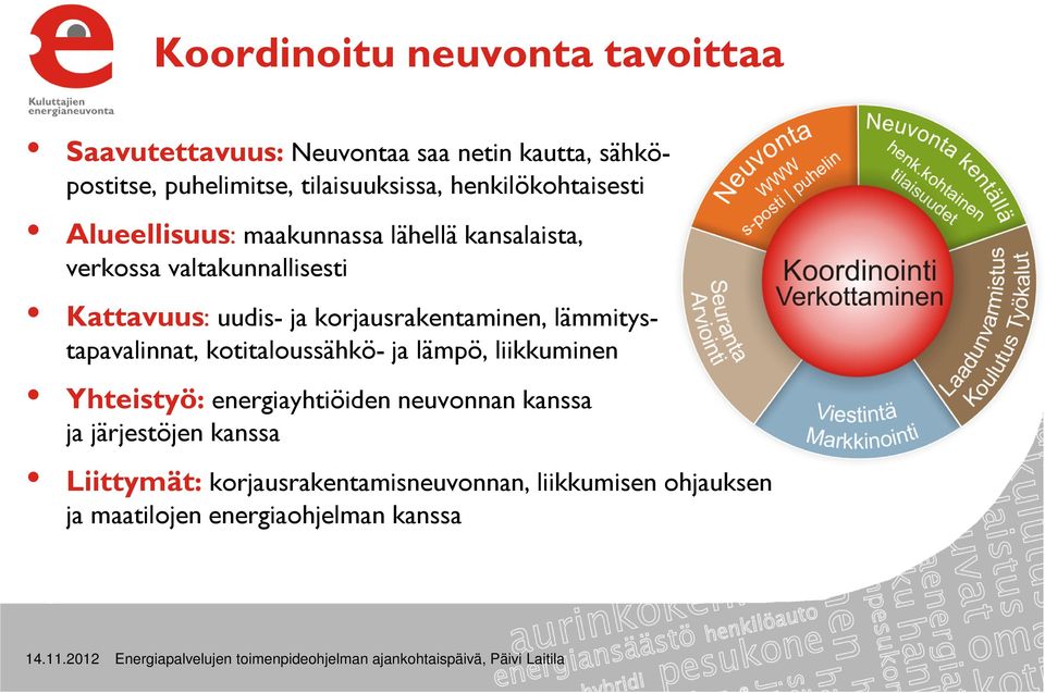 korjausrakentaminen, lämmitystapavalinnat, kotitaloussähkö- ja lämpö, liikkuminen Yhteistyö: energiayhtiöiden neuvonnan