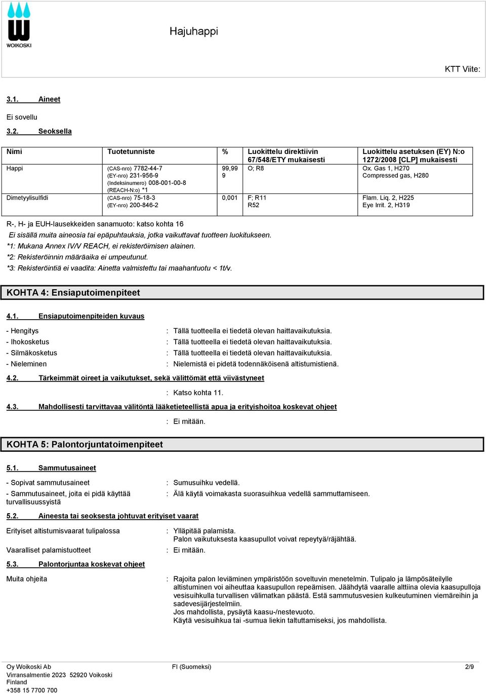 75-18-3 (EY-nro) 200-846-2 R-, H- ja EUH-lausekkeiden sanamuoto: katso kohta 16 0,001 F; R11 R52 Ei sisällä muita aineosia tai epäpuhtauksia, jotka vaikuttavat tuotteen luokitukseen.