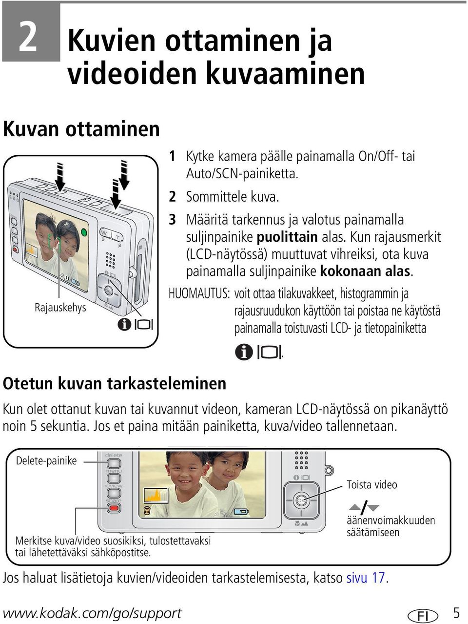 HUOMAUTUS: voit ottaa tilakuvakkeet, histogrammin ja rajausruudukon käyttöön tai poistaa ne käytöstä painamalla toistuvasti LCD- ja tietopainiketta.