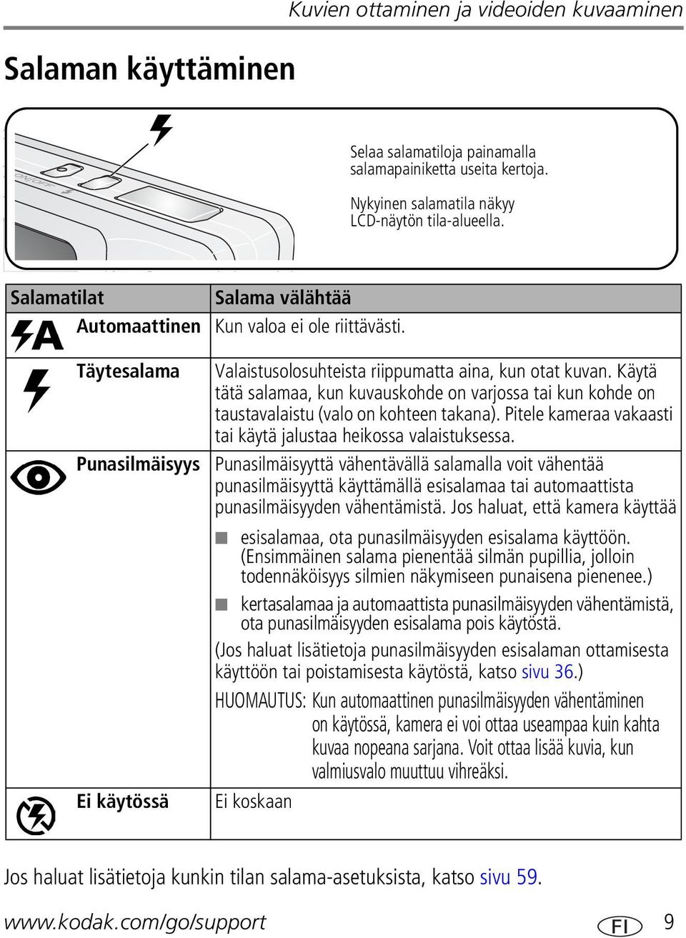 Käytä tätä salamaa, kun kuvauskohde on varjossa tai kun kohde on taustavalaistu (valo on kohteen takana). Pitele kameraa vakaasti tai käytä jalustaa heikossa valaistuksessa.