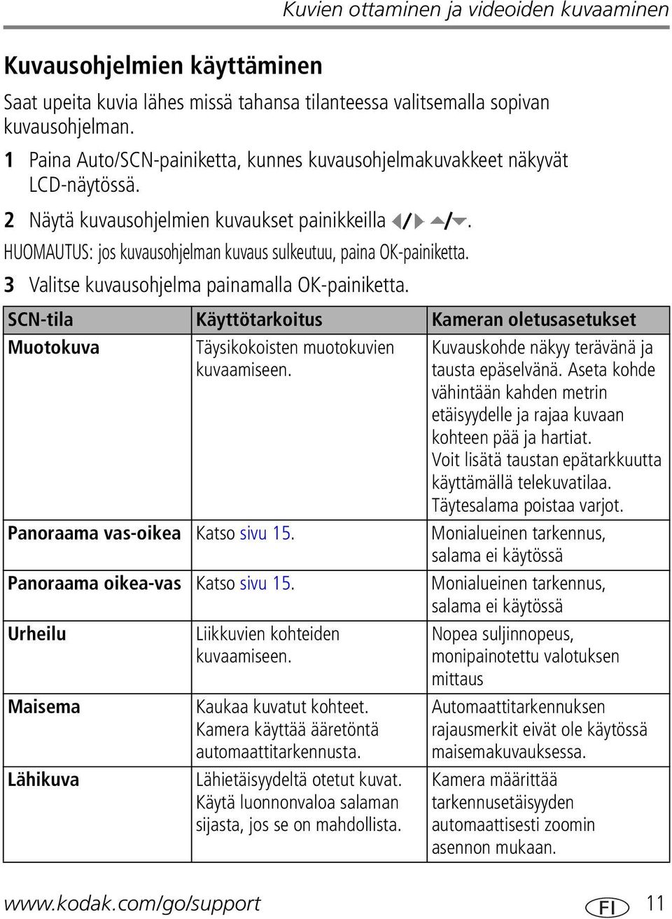 3 Valitse kuvausohjelma painamalla OK-painiketta. SCN-tila Käyttötarkoitus Kameran oletusasetukset Muotokuva Täysikokoisten muotokuvien kuvaamiseen. Kuvauskohde näkyy terävänä ja tausta epäselvänä.