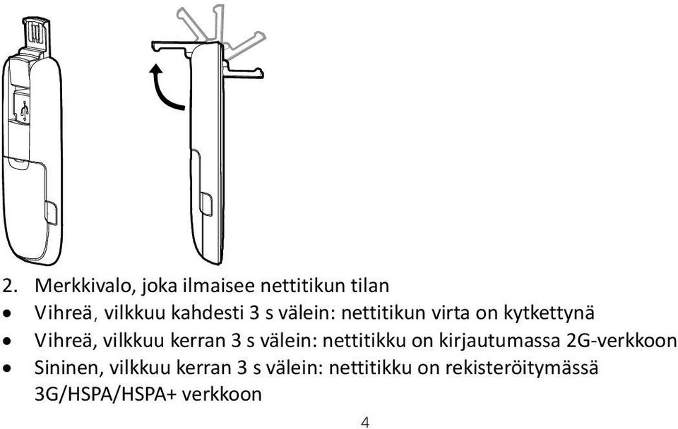 välein: nettitikku on kirjautumassa 2G verkkoon Sininen, vilkkuu