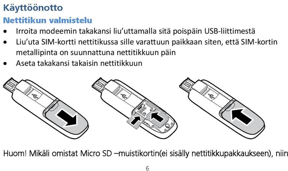 että SIM kortin metallipinta on suunnattuna nettitikkuun päin Aseta takakansi takaisin