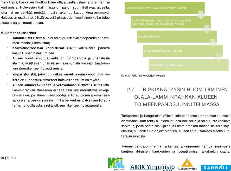 Hulevesien osalta riskiä lisää se, että pintavesien luontainen kulku tulee alueella paljon muuttumaan. Muut mahdolliset riskit Taloudelliset riskit: alue ei toteudu riittävällä nopeudella (esim.