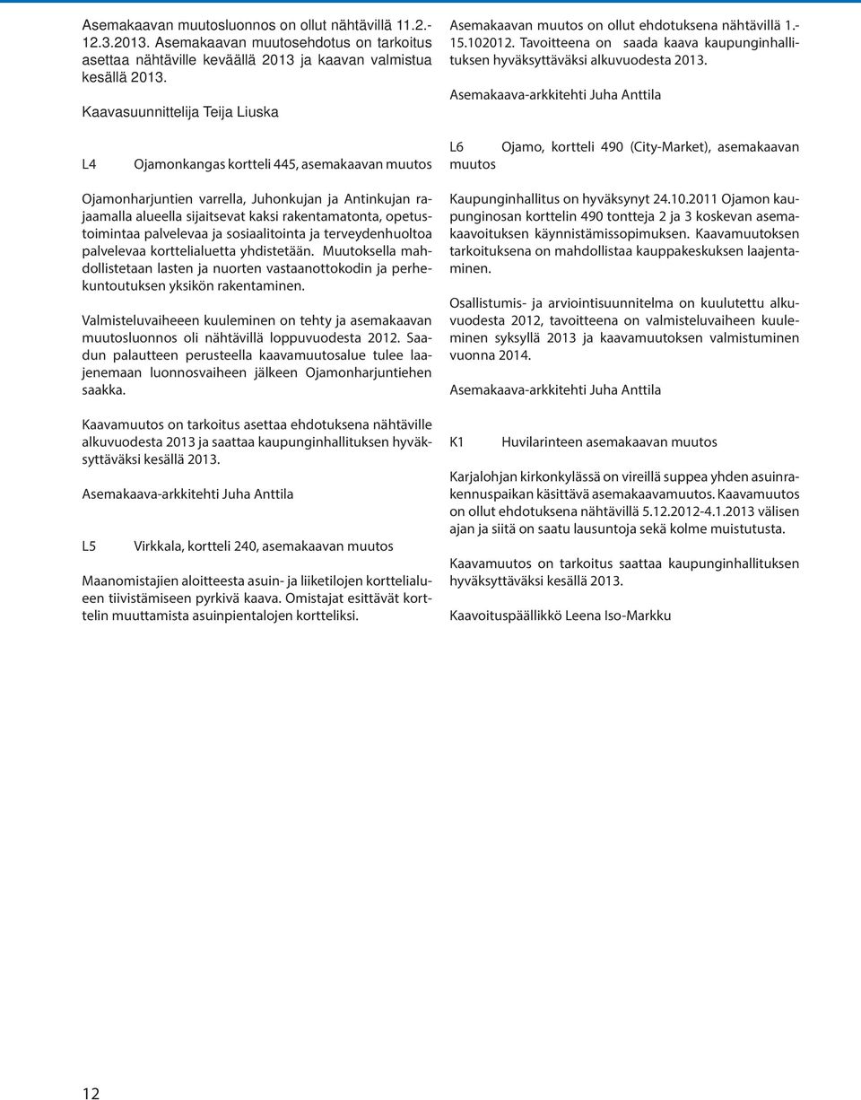 Asemakaava-arkkitehti Juha Anttila L4 Ojamonkangas kortteli 445, asemakaavan muutos L6 Ojamo, kortteli 490 (City-Market), asemakaavan muutos Ojamonharjuntien varrella, Juhonkujan ja Antinkujan