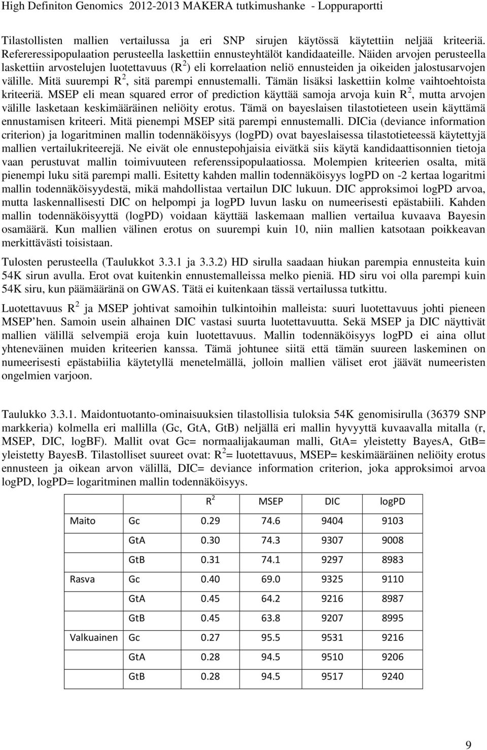 Tämän lisäksi laskettiin kolme vaihtoehtoista kriteeriä. MSEP eli mean squared error of prediction käyttää samoja arvoja kuin R 2, mutta arvojen välille lasketaan keskimääräinen neliöity erotus.