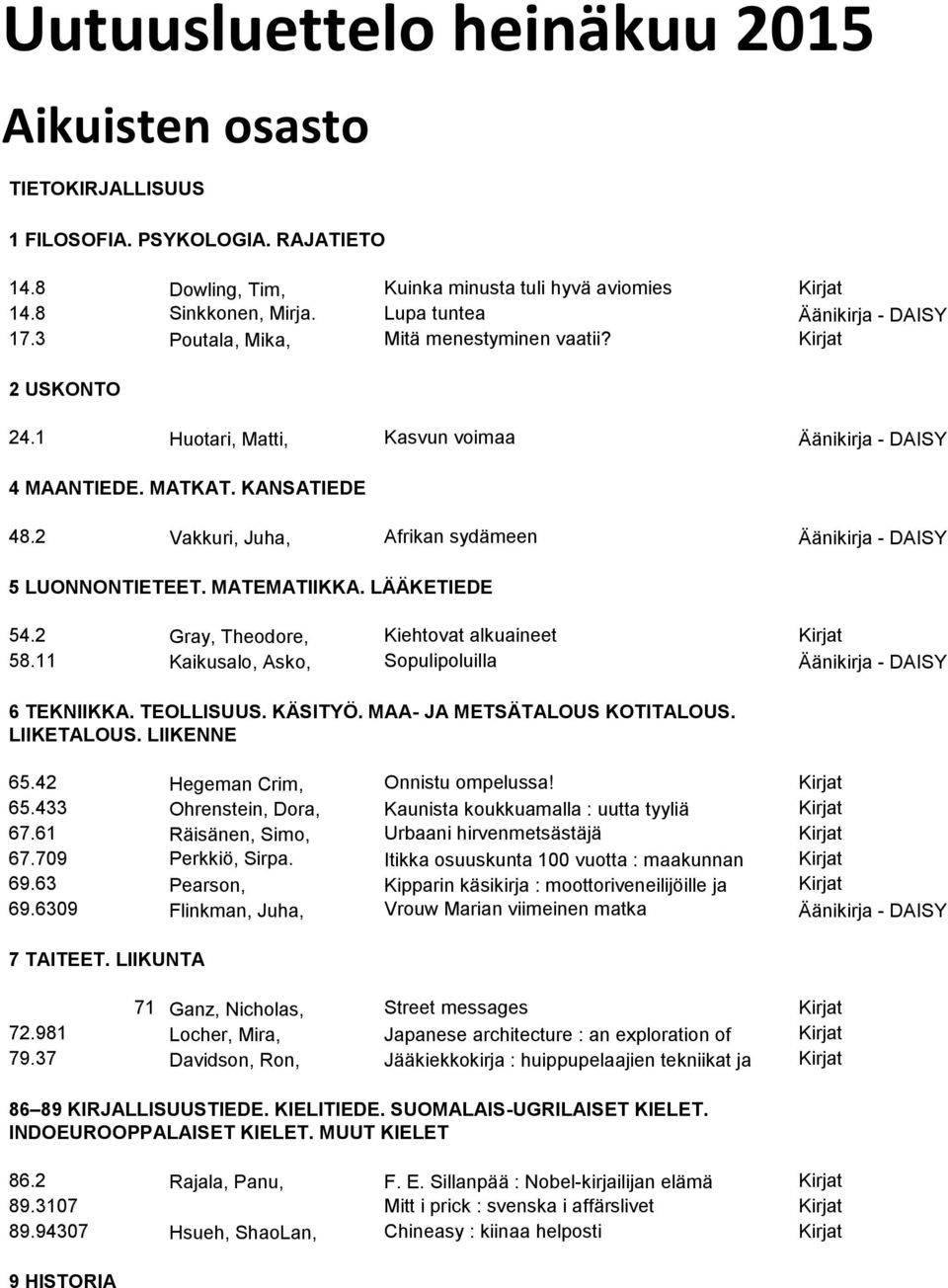 2 Vakkuri, Juha, Afrikan sydämeen Äänikirja - DAISY 5 LUONNONTIETEET. MATEMATIIKKA. LÄÄKETIEDE 54.2 Gray, Theodore, Kiehtovat alkuaineet Kirjat 58.