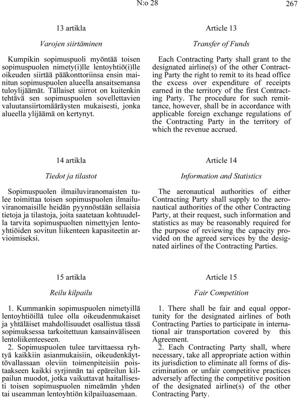 Article 13 Transfer of Funds Each Contracting Party shall grant to the designated airline(s) of the other Contracting Party the right to remit to its head office the excess over expenditure of