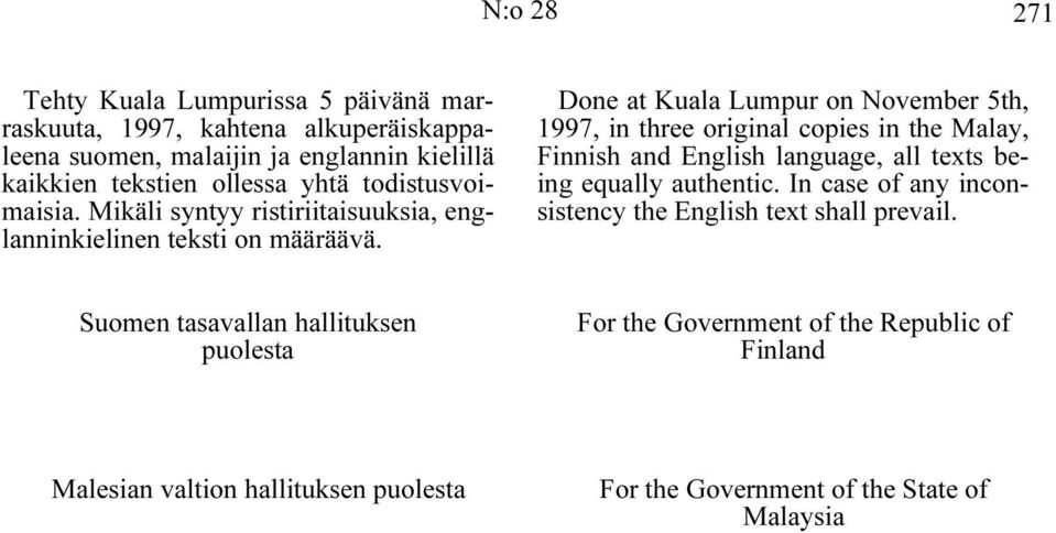 Done at Kuala Lumpur on November 5th, 1997, in three original copies in the Malay, Finnish and English language, all texts being equally authentic.