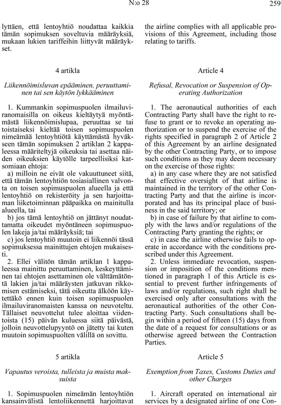 Kummankin sopimuspuolen ilmailuviranomaisilla on oikeus kieltäytyä myöntämästä liikennöimislupaa, peruuttaa se tai toistaiseksi kieltää toisen sopimuspuolen nimeämää lentoyhtiötä käyttämästä