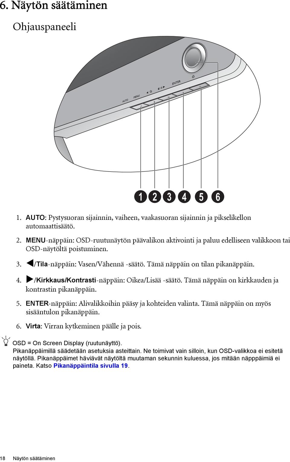 /Kirkkaus/Kontrasti-näppäin: Oikea/Lisää -säätö. Tämä näppäin on kirkkauden ja kontrastin pikanäppäin. 5. ENTER-näppäin: Alivalikkoihin pääsy ja kohteiden valinta.