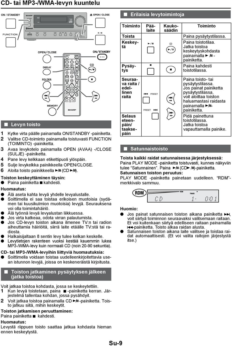 2 Valitse CD-toiminto painamalla toistuvasti FUNCTION (TOIMINTO) -painiketta. 3 Avaa levykotelo painamalla OPEN (AVAA) -/CLOSE (SULJE) -painiketta. 4 Pane levy kelkkaan etikettipuoli ylöspäin.