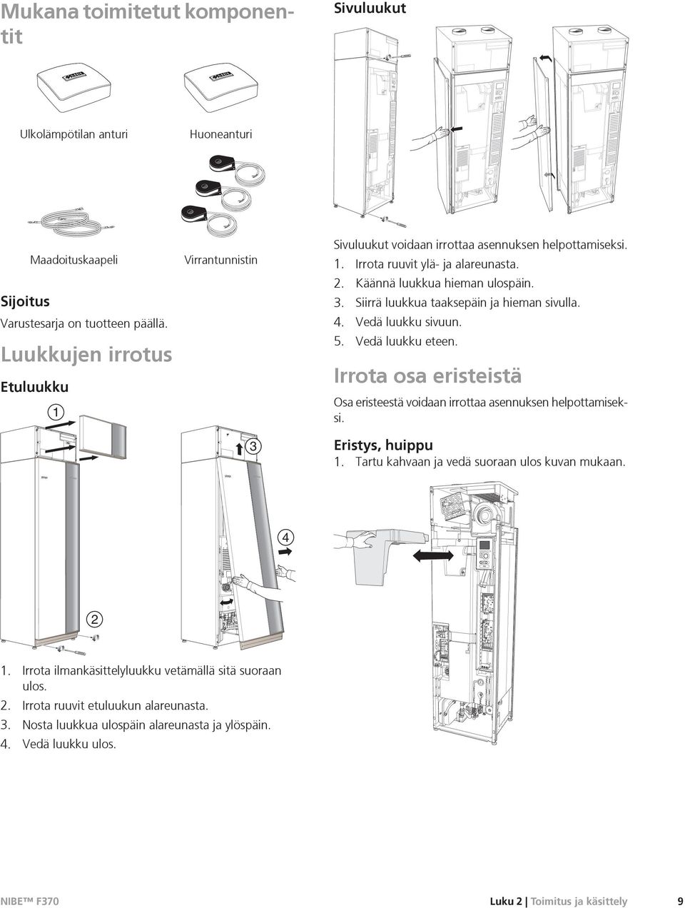 4. Vedä luukku sivuun. 5. Vedä luukku eteen. Irrota osa eristeistä Osa eristeestä voidaan irrottaa asennuksen helpottamiseksi. Eristys, huippu 1. Tartu kahvaan ja vedä suoraan ulos kuvan mukaan.