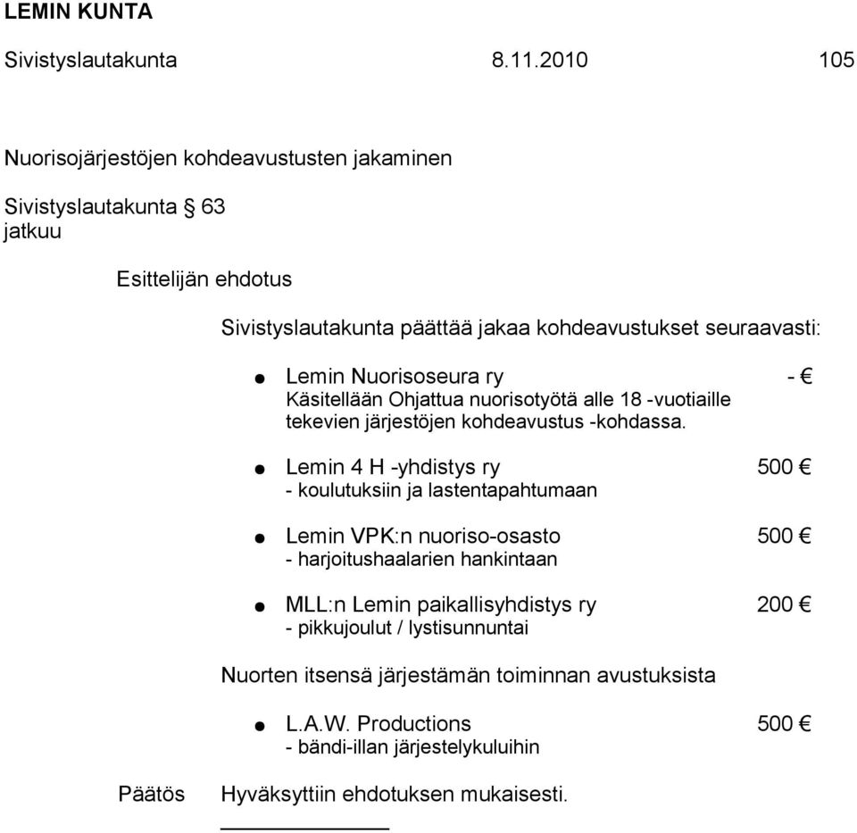 Lemin Nuorisoseura ry - Käsitellään Ohjattua nuorisotyötä alle 18 -vuotiaille tekevien järjestöjen kohdeavustus -kohdassa.