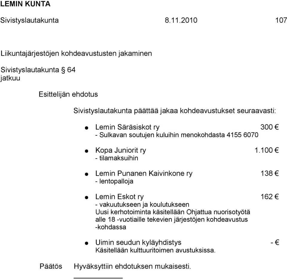 seuraavasti: Lemin Säräsiskot ry 300 - Sulkavan soutujen kuluihin menokohdasta 4155 6070 Kopa Juniorit ry 1.