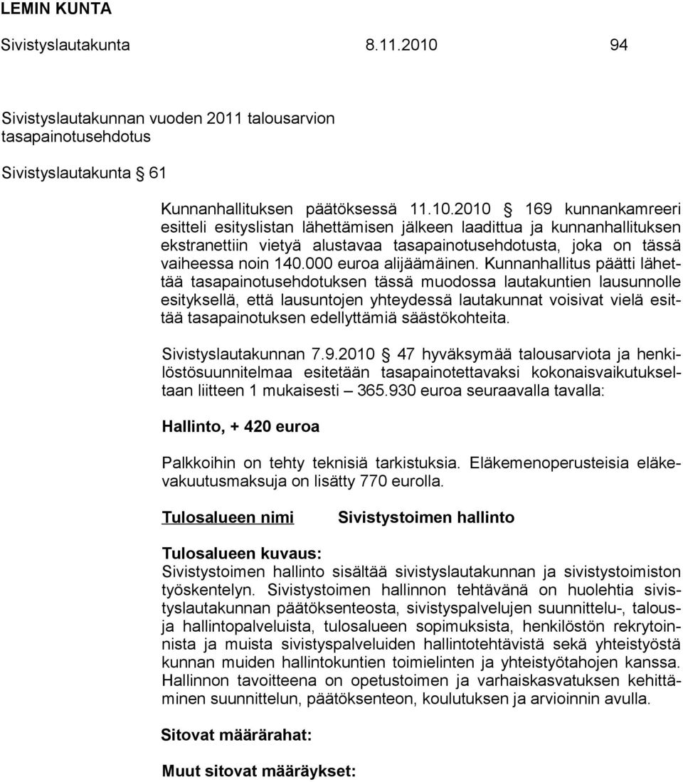 2010 169 kunnankamreeri esitteli esityslistan lähettämisen jälkeen laadittua ja kunnanhallituksen ekstranettiin vietyä alustavaa tasapainotusehdotusta, joka on tässä vaiheessa noin 140.