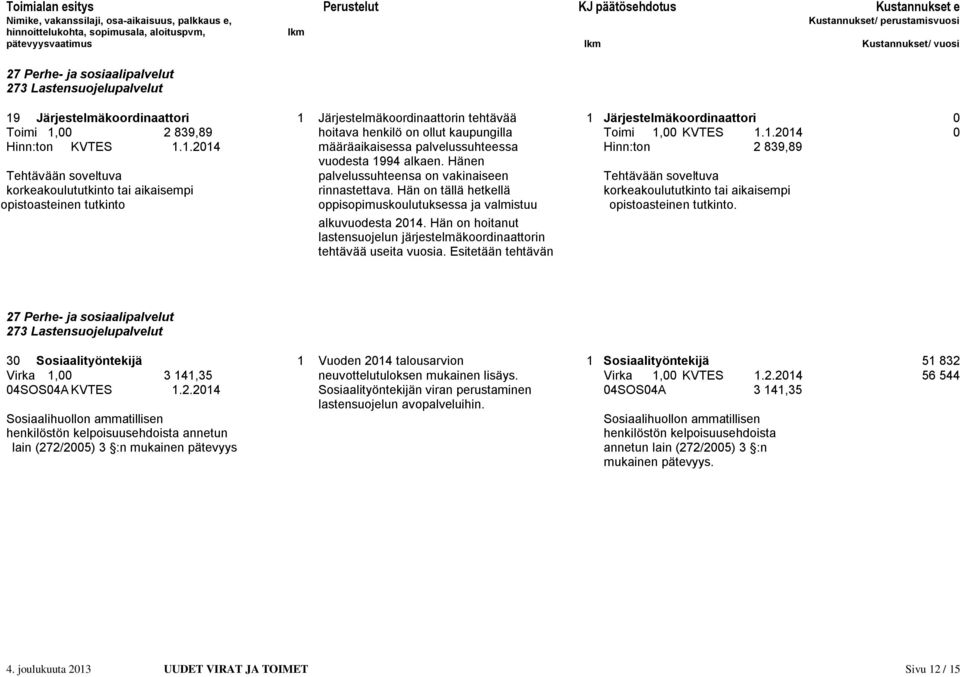 Hänen Tehtävään soveltuva palvelussuhteensa on vakinaiseen Tehtävään soveltuva korkeakoulututkinto tai aikaisempi rinnastettava.