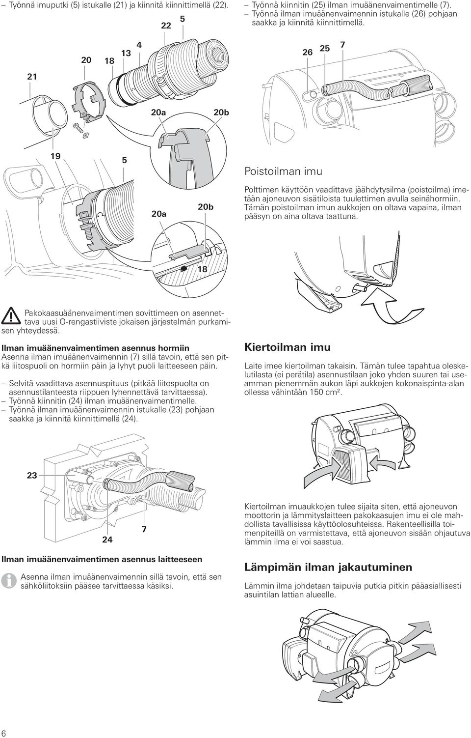 20 18 13 26 2 7 21 20a 20b 19 Poistoilman imu 20a 20b Polttimen käyttöön vaadittava jäähdytysilma (poistoilma) imetään ajoneuvon sisätiloista tuulettimen avulla seinähormiin.