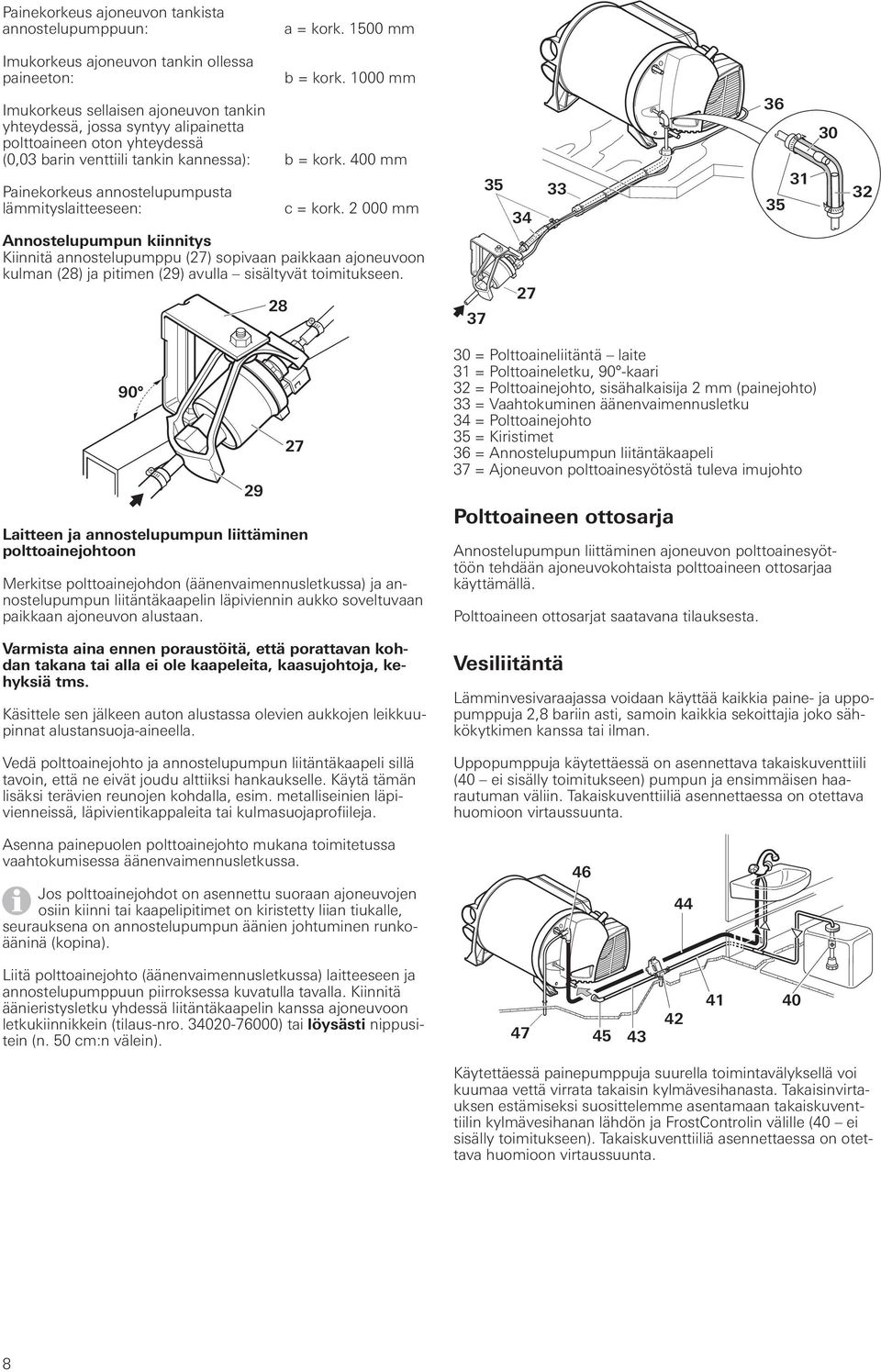 00 mm Painekorkeus annostelupumpusta lämmityslaitteeseen: c = kork.