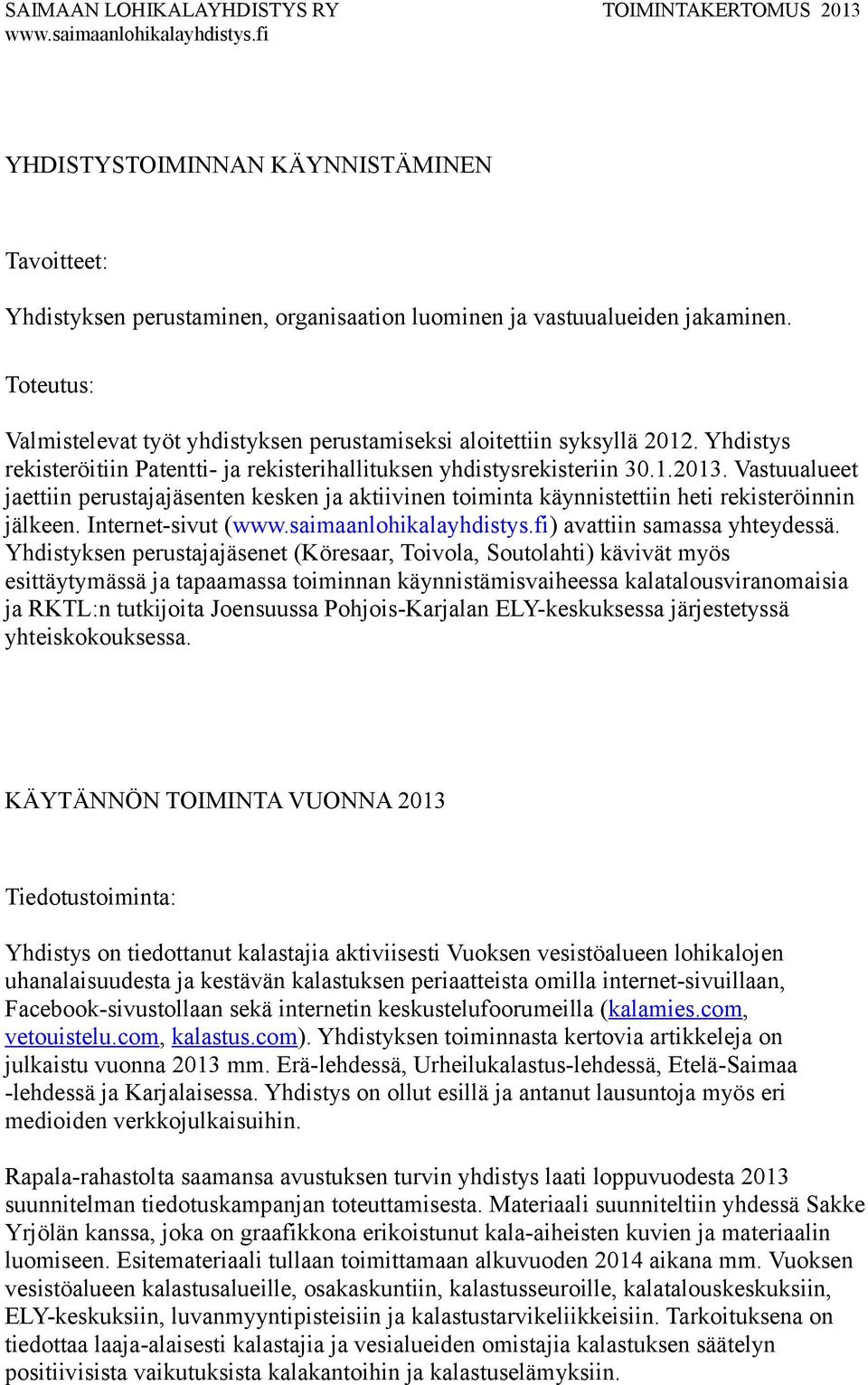 Vastuualueet jaettiin perustajajäsenten kesken ja aktiivinen toiminta käynnistettiin heti rekisteröinnin jälkeen. Internet-sivut () avattiin samassa yhteydessä.