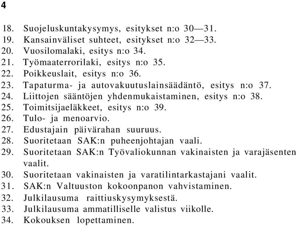 Tulo- ja menoarvio. 27. Edustajain päivärahan suuruus. 28. Suoritetaan SAK:n puheenjohtajan vaali. 29. Suoritetaan SAK:n Työvaliokunnan vakinaisten ja varajäsenten vaalit. 30.