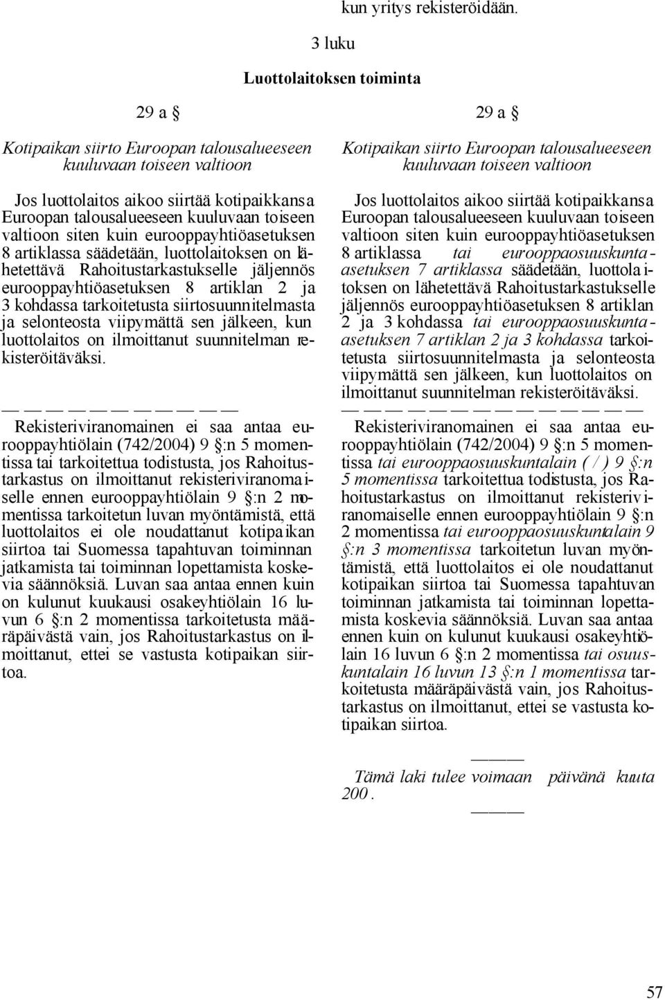 eurooppayhtiöasetuksen 8 artiklassa säädetään, luottolaitoksen on lähetettävä Rahoitustarkastukselle jäljennös eurooppayhtiöasetuksen 8 artiklan 2 ja 3 kohdassa tarkoitetusta siirtosuunnitelmasta ja