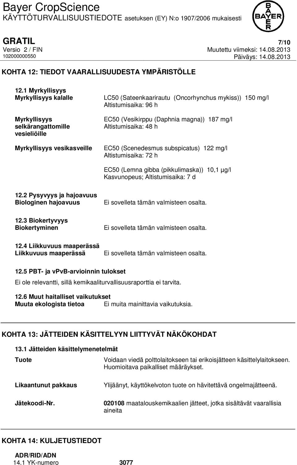 (Vesikirppu (Daphnia magna)) 187 mg/l Altistumisaika: 48 h EC50 (Scenedesmus subspicatus) 122 mg/l Altistumisaika: 72 h EC50 (Lemna gibba (pikkulimaska)) 10,1 µg/l Kasvunopeus; Altistumisaika: 7 d 12.