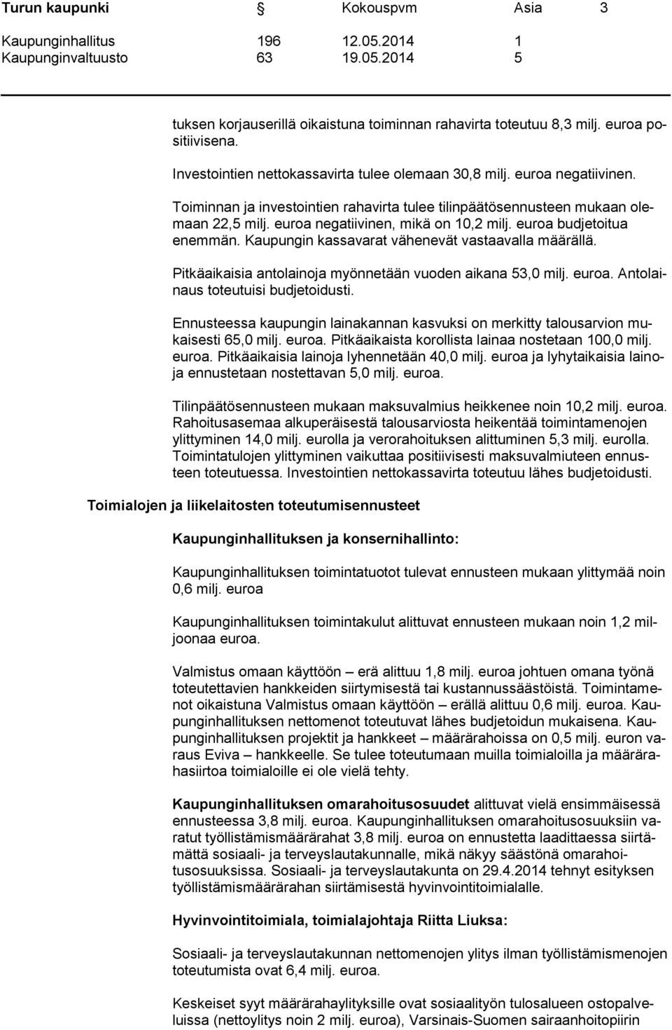 Kaupungin kassavarat vähenevät vastaavalla määrällä. Pitkäaikaisia antolainoja myönnetään vuoden aikana 53,0 milj. euroa. Antolainaus toteutuisi budjetoidusti.