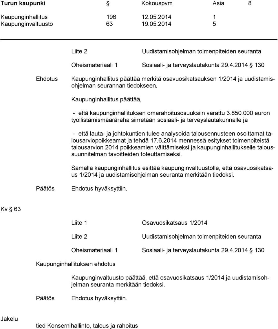 Kaupunginhallitus päättää, - että kaupunginhallituksen omarahoitusosuuksiin varattu 3.850.